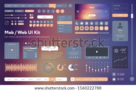 Vector UI UX kit for mobile applications and web sites. Universal user interface template with responsive design, tools and buttons. Flat menu icons and control elements on colorful background.