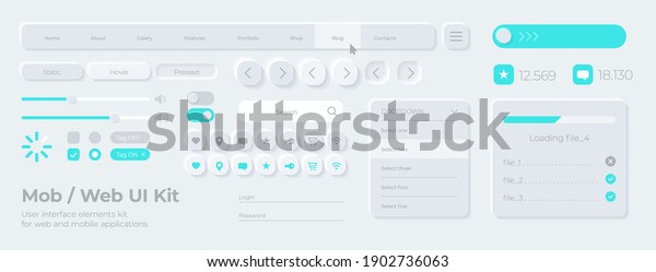Vector UI UX kit for mobile applications, web\
and social media. Universal user interface template with realistic\
design, tools and buttons. Neumorphism icons and control elements\
on light background.