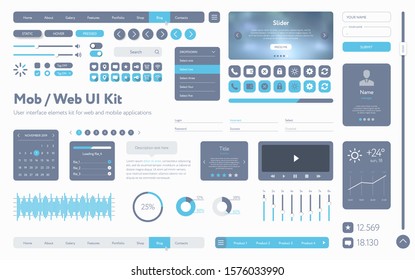 Vector UI UX kit. Universal user interface template with responsive design, tools and buttons for mobile applications and web sites. Flat menu icons and control elements on white background.