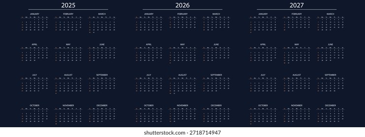 Vector UK Calendar 2025, 2026, 2027 establecido, sobre fondo transparente.  Diseños simples. Plantilla de planificador de escritorio con 12 meses. La semana comienza el domingo. calendarios de pictogramas. Organizador diario anual Bolsillo o pared