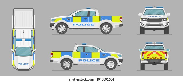 Vector UK pickup truck. English police car. Side view, front view, back view, top view. Cartoon car in flat style.