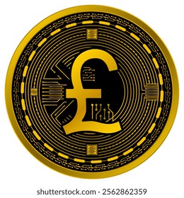 Vector of UK Pound, British Digital Currency in gold and black colors on a white background.