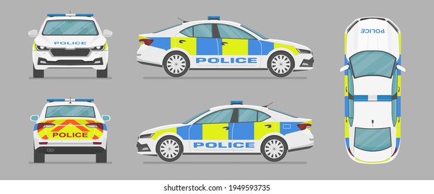 Vector UK sedan auto. English police car. Side view, front view, back view, top view. Cartoon flat illustration, auto for graphic and web svg