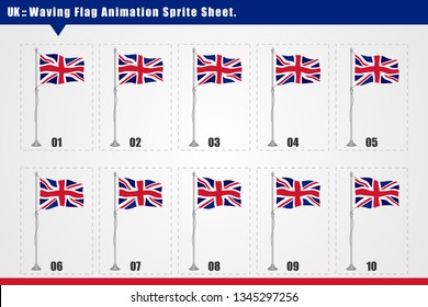 Vector UK waving flag animation. Sequence frames sprite sheet illustration. Smooth waving animation sprites on white background, UK flag vector animation frames.
