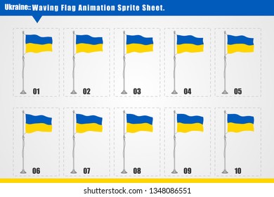 Vector Ukraine country waving flag animation. Sequence frames sprite sheet illustration. Smooth waving animation sprites on white background, Ukraine flag vector animation frames.