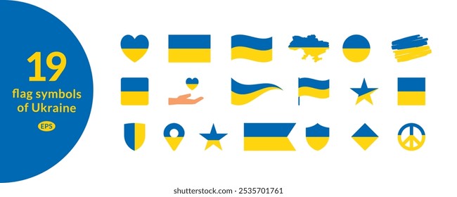 Vector Ukraine flag symbols set on white background. Ukrainian map, hand with heart, shield, location, circle, peace sign, stars, square, round and rectangle shapes. 