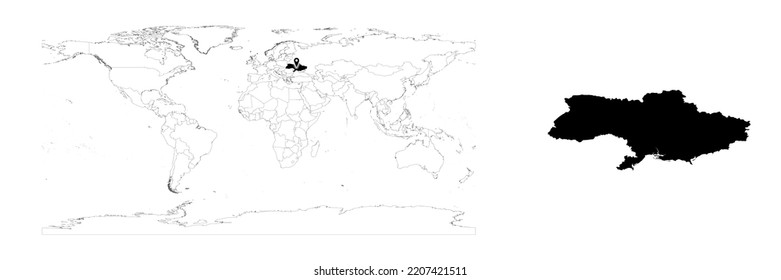 Vector Ukraine map showing country location on world map and solid map for Ukraine on white background. File is suitable for digital editing and prints of all sizes.