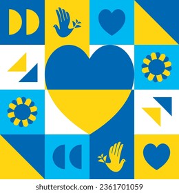 Vector Ukraine Seamless Neo Geometric Flat Pattern with Square, Dove Peace, Flag Hearts, Semicircles and Sunflower symbols. Abstract Concept for Web, Posters, Postcards, Textile.