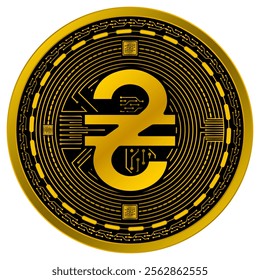 Vector of Ukrainian hryvnia Digital Currency in gold and black colors on a white background.