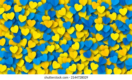 Vector Ukrainian National Flag Colours Scattered Yellow Blue Paper Hearts Abstract Background. Stop War And Save Ukraine Illustration. Glory To Ukraine Pattern Wide Banner Backdrop Or Wallpaper