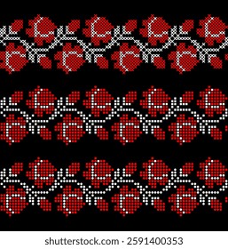 Vector Ukrainian ornament – three decorative embroidered borders with pixel-style flowers and leaves in ethnic design