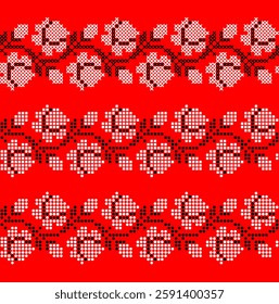 Vector Ukrainian ornament – three decorative embroidered borders with pixel-style flowers and leaves in ethnic design