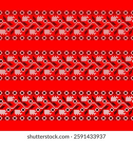 Vector Ukrainian ornament – three decorative embroidered borders with pixel-style flowers and leaves in ethnic design