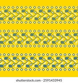 Vector Ukrainian ornament – three decorative embroidered borders with pixel-style flowers and leaves in ethnic design