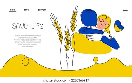 Vector with Ukrainian people couple hugs, wheat and lettering  - SAVE  LIFE. Illustration in hand drawn one line art style for WEB landing page about Support Ukraine.