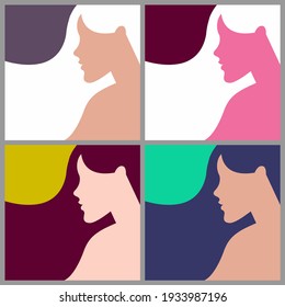 Vector Ultra Minimalistic Flat Design Fashion Illustration Of Female Profile With Flowing Hair In Multiple Colors. Can Be Used In Various Types Of Advertisements, Posters, Banners, Icons And More.