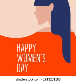 vector ultra minimalistic greeting card or poster for international womens day in trending colors. beautiful female profile with fashionable hairstyle. happy womens day lettering.colors can be changed