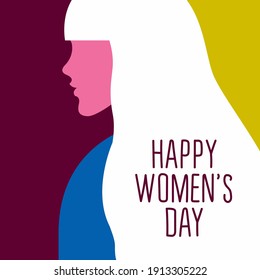 vector ultra minimalistic greeting card or poster for international womens day in trending colors. beautiful female profile with fashionable hairstyle. happy womens day lettering.colors can be changed