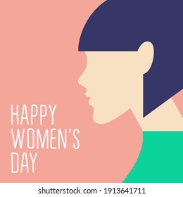 vector ultra minimalistic greeting card or poster for international womens day in trending colors. beautiful female profile with fashionable hairstyle. happy womens day lettering.colors can be changed