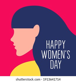 vector ultra minimalistic greeting card or poster for international womens day in trending colors. beautiful female profile with fashionable hairstyle. happy womens day lettering.colors can be changed