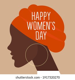 vector ultra minimalistic greeting card or poster for international womens day in trending colors. beautiful female profile with fashionable hairstyle. happy womens day lettering.colors can be changed