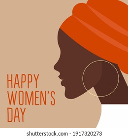 vector ultra minimalistic greeting card or poster for international womens day in trending colors. beautiful female profile with fashionable hairstyle. happy womens day lettering.colors can be changed