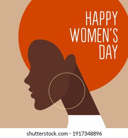 vector ultra minimalistic greeting card or poster for international womens day in trending colors. beautiful female profile with fashionable hairstyle. happy womens day lettering.colors can be changed