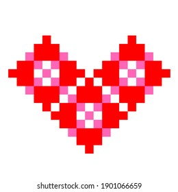 imagen vectorial ultra minimalista de un corazón en arte de píxeles de elementos de adorno eslavo tradicional en colores rojo y rosa. se puede usar para diseño web, para imprimir tarjetas, invitaciones, tatuajes.