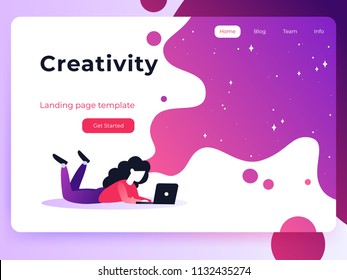 Vector ultra violet gradient illustration of creativity in Internet. Website design concept with bright colorful splash. Landing page template with young girl and laptop.