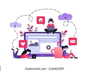 Vector ultraviolet gradient illustration of communication via the Internet, social networking, chat, video, news, messages, web site, mobile web graphics. Characters working with laptop at work desk.