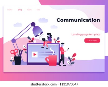 Vector ultraviolet gradient illustration of communication via the Internet, social networking, chat, video, news, messages, web site, mobile web graphics. Landing page template