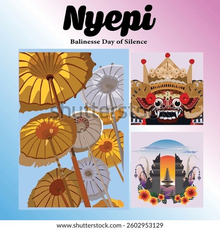 vector umbrella, barong, gate, hindu temple, characteristic of the celebration of the Hindu Nyepi holiday in Bali