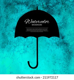 Vector umbrella black symbol with text block. Watercolor blue autumn background. Square composition with umbrella. Design template for label, flyer, banner, card.