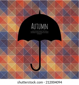Vector umbrella black symbol with text block. Geometric abstract seamless background. Autumn theme. Square composition with umbrella. Design template for layout, label, flyer, banner, card.