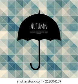 Vector umbrella black symbol with text block. Geometric abstract seamless background. Autumn theme. Square composition with umbrella. Design template for layout, label, flyer, banner, card.