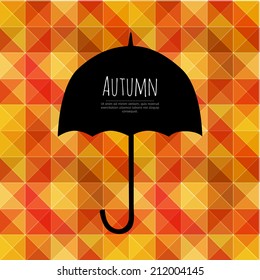 Vector umbrella black symbol with text block. Geometric abstract seamless background. Autumn theme. Square composition with umbrella. Design template for layout, label, flyer, banner, card.