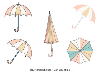 Vector umbrella collection with pastel tones, flat weather icons in cartoon style, seamless design elements, cute and simple rain accessories, open and folded umbrella illustrations for kids


