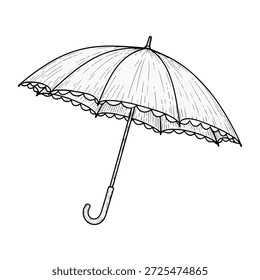 Vector umbrella featuring black and white line art open umbrella with scalloped edge drawing. Scalable design suitable for various applications. Scalable vector format suitable for print and digital media.