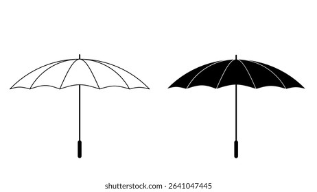 Vector umbrella icon in outline and solid style. Suitable for weather symbols, insurance graphics, safety signs, or UI design elements.
