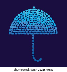 Vektorschirm aus farbigen Punkten auf dunklem Hintergrund. Dekorative Silhouette eines Regenschirms in Form eines Mosaiks.