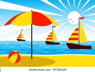 vector umbrella on the beach and sailboats floating on the sea