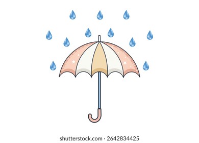 Vector umbrella protecting from soft rain, falling droplets in pastel tones, flat design weather concept for cute cartoon backgrounds, children’s books, and seasonal materials

