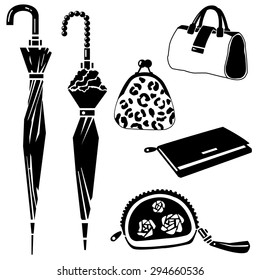 Vector umbrella, purse, bag icon set on white.