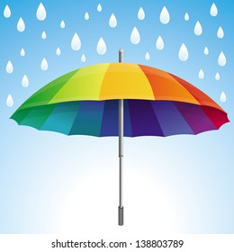 Vector umbrella and rain drops in rainbow colors - abstract weather concept