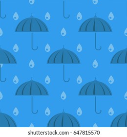 Vector Umbrella and Rain Drops Seamless Pattern on Blue Background