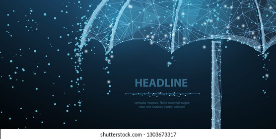 Vector umbrella rain protection. Abstract wire low poy umbrella cover in rain illustration on dark blue background with water fall drops. Meteorology, safety, autumn season concept