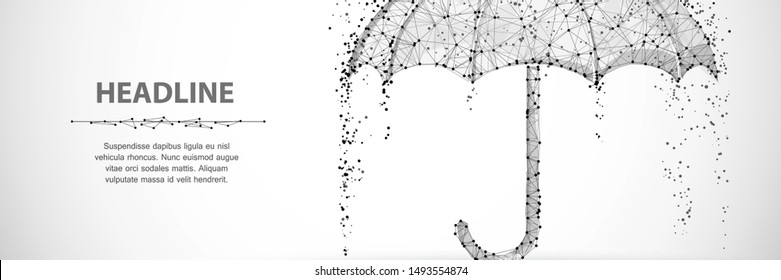 Vector umbrella rain protection. Abstract low poy umbrella cover in rain illustration. Isolated on white background with water fall drops. Meteorology, safety, autumn season concept