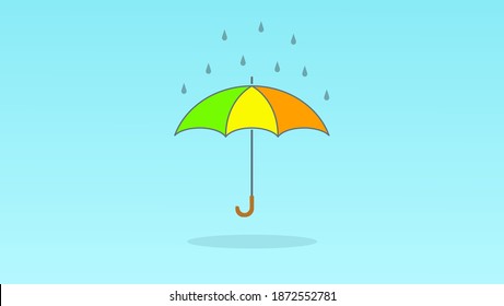 Vector umbrella rain protection. Abstract wire low poy umbrella cover in rain illustration on blue background with water fall drops. Meteorology, safety, autumn season concept