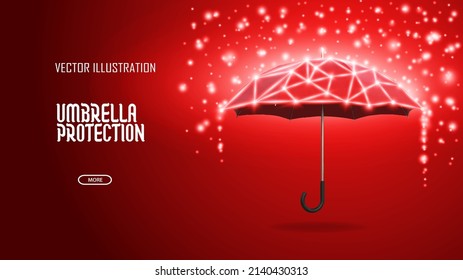 Vector umbrella rain protection. Abstract wire low poy umbrella cover in rain illustration on dark red background with water fall drops.