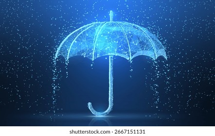 Vector umbrella rain protection. Abstract wire low poy umbrella cover in rain illustration on dark blue background with water fall drops. Meteorology, safety, autumn season concept